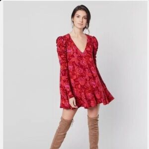 Free People Hello Lover Tunic Dress Size XS Scarlet Combo Puff Sleeve High Low
